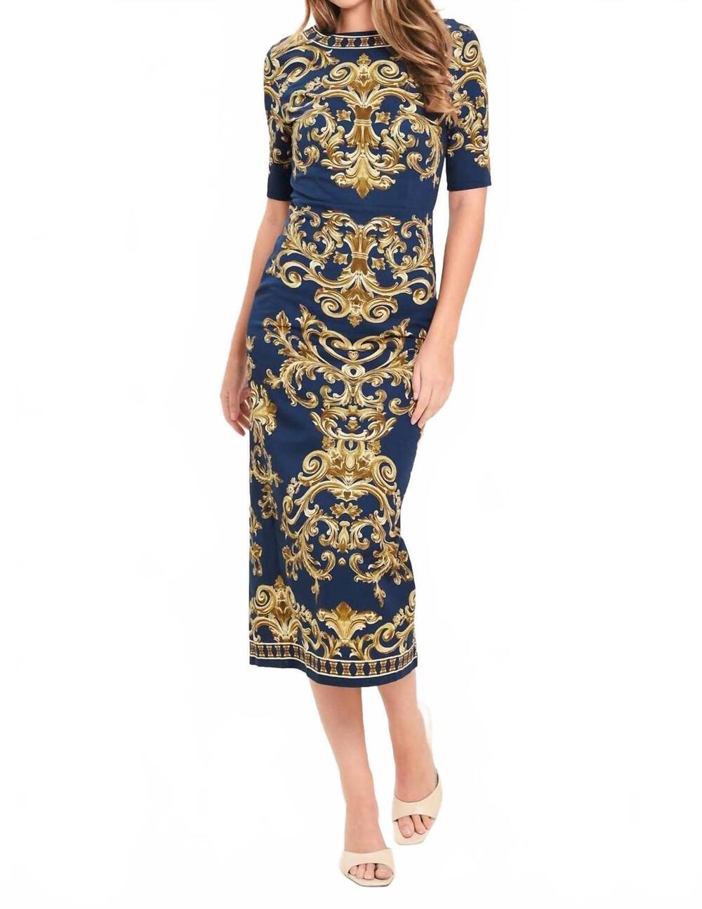 NEW FLYING TOMATO nobel golden flourish woven midi dress in navy